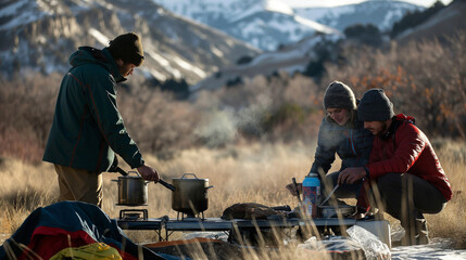 A group of friends cooking a meal over a portable stove, mountains in the background
