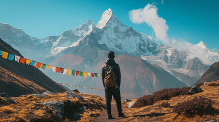 A solo traveler trekking to the summit of Mount Everest Base Camp in Nepal, with snow-capped peaks, rugged terrain, and prayer flags fluttering in the wind