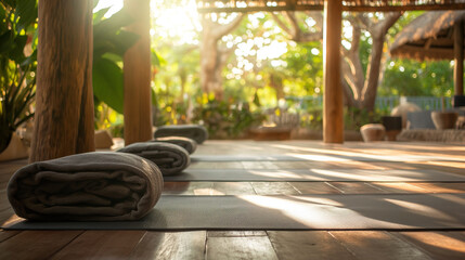 A calming yoga class at a spa retreat, with gentle stretches, deep breathing, and meditation, helping guests to release stress and find inner peace