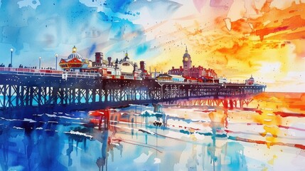 Brighton Pier, UK during sunset watercolor painting , Brighton Pier, UK, sunset, watercolor, painting, art, architecture, landmark, tourism, travel, seaside, pier, colorful, scenic, Summer