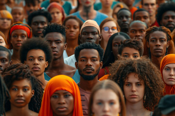 Close-up of a diverse crowd of people outdoors, showcasing various ethnicities and expressions. The scene highlights unity and diversity, reflecting the beauty of cultural richness and inclusivity.