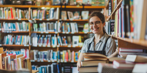 Smiling female librarian in bright library