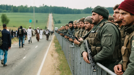 Armed European militants guard border against refugees and illegal migration, vigilantism in fictitious location