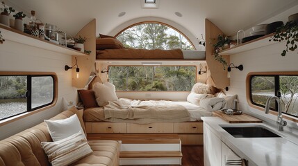A modern camper van interior with a built-in bed and a kitchenette. The van features large windows and a light and airy design