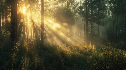 Spectacular sun rays shining through woods and tree in the dense forest. Green and lust forest on a beautiful summer day