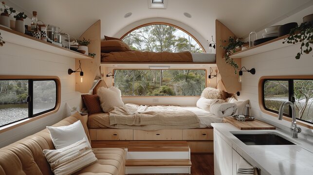 A modern camper van interior with a built-in bed and a kitchenette. The van features large windows and a light and airy design