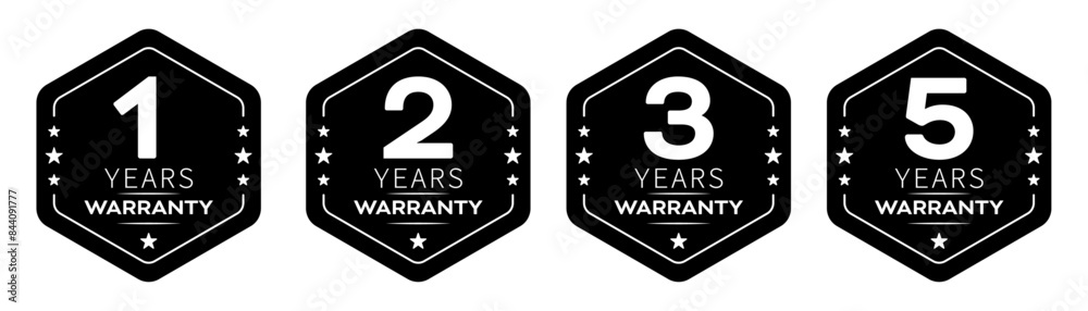 Poster 1, 2, 3 and 5 years warranty in hexagon in black color vector product quality sticker. warranty stic