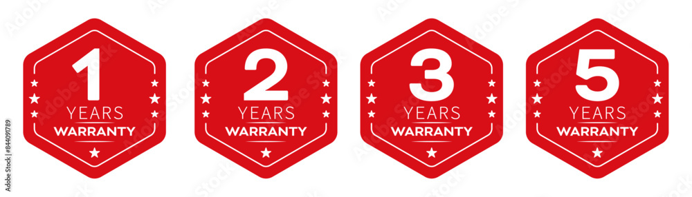Poster 1, 2, 3 and 5 years warranty in hexagon in red color vector product quality sticker. warranty sticke