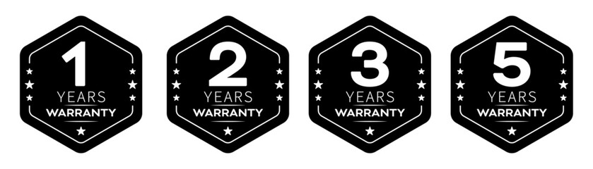 1, 2, 3 and 5 years warranty in hexagon in black color vector product quality sticker. Warranty sticker set in hexagon unique style.