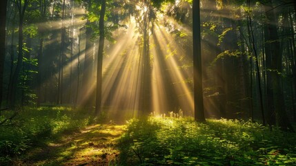 Spectacular sun rays shining through woods and tree in the dense forest. Green and lust forest on a beautiful summer day