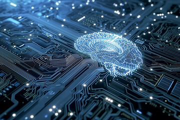 A glowing silhouette in the shape of a human brain over electronic circuit boards. A concept for the study of artificial intelligence.