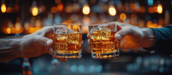 Obraz premium Close up view of two men's hands clinking whiskey glasses of alcoholic drink together while at bar counter