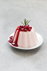 Vegan Pomegranate Cream pudding, Panna Cotta with pomegranate sauce. On a plate. Close-up