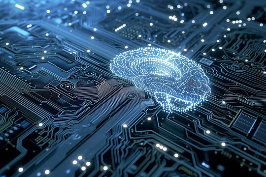 A glowing silhouette in the shape of a human brain over electronic circuit boards. A concept for the study of artificial intelligence.