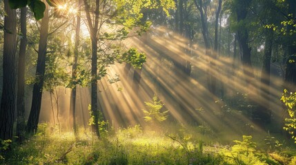 Fototapeta premium Spectacular sun rays shining through woods and tree in the dense forest. Green and lust forest on a beautiful summer day