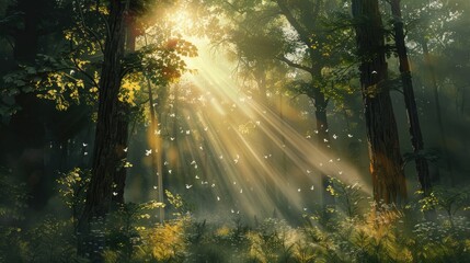 Obraz premium Spectacular sun rays shining through woods and tree in the dense forest. Green and lust forest on a beautiful summer day