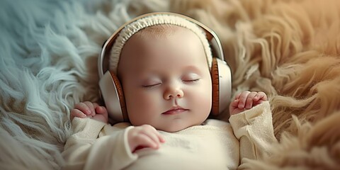 Closeup of cute little sleeping newborn infant baby in headphones, listen to relaxing music (Generative Ai), Generative AI