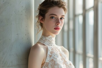 Woman in White Lace Dress Near a Window
