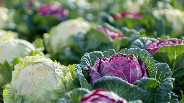 Field of Brassica oleracea with Red and White Cabbage