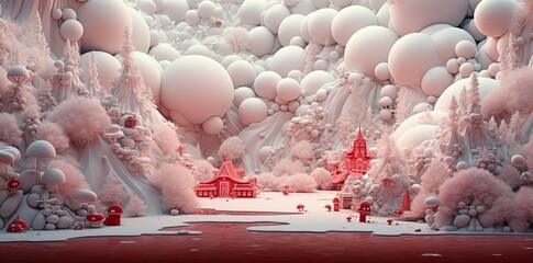 xmas textured background featuring a small red house surrounded by white balloons, with a white tree in the foreground