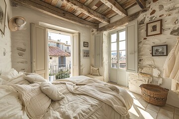 A whitewashed bedroom with wooden beams, white curtains, and a bed with white linens. There is a window with a view of a building outside