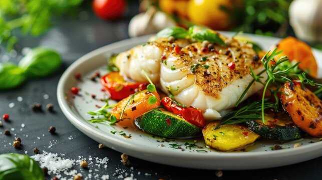 Vegetables served with cod fillet on a white plate