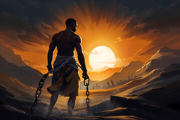 Silhouette of a person with broken chains in the sunset, reminding freedom, strength and resilience