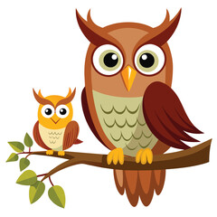 Owl and her baby owls sitting on a branch Vector Image