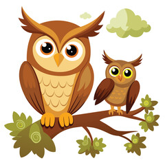 Owl and her baby owls sitting on a branch Vector Image