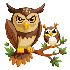 Owl and her baby owls sitting on a branch Vector Image