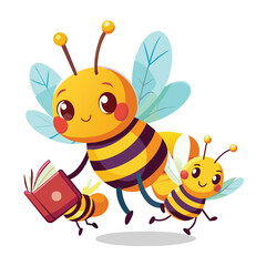 Bee family. Cartoon bee cute characters with a book 