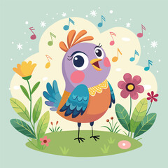 Cartoon Bird Singing with a colorful necktie sits in a field of flowers.