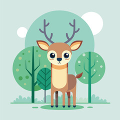 Cute kawaii fawn deer calf in a magical forest. Flat vector illustrati