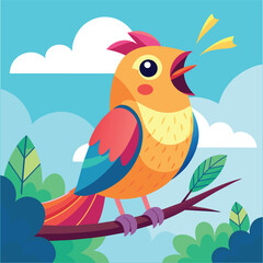 A colorful bird is sitting on a branch with a bubble in the background
