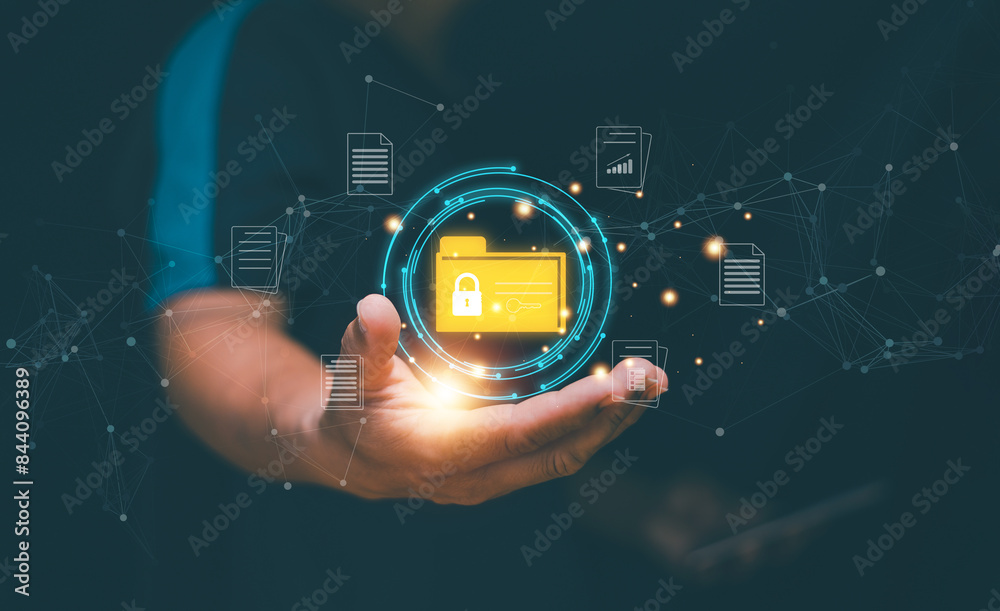 Poster document management system (dms) technology concept, document protection system, businessman holding