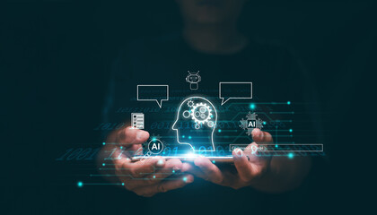 Artificial intelligence or AI technology for business concept. Businessman use application on smartphone and use AI to assist something for development business. Futuristic digital technology.