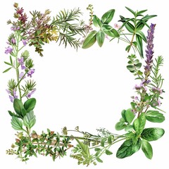 Fototapeta premium Meadow flowers and grass are painted in watercolor, in the center there is an empty white background