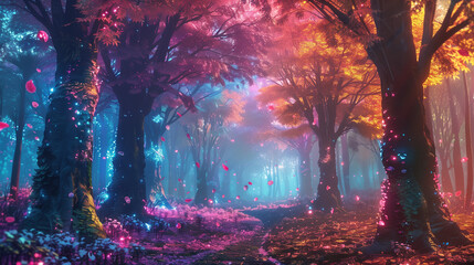 surreal forest with trees illuminated by colorful light and floating petals