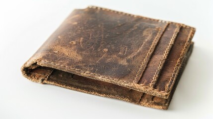 Old worn out wallet closed and set apart on a white backdrop