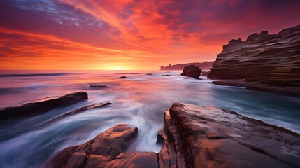 Long exposure panorama of a beautiful sunset over the sea and rocks