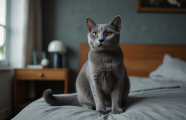 portrait of Russian Blue Cat in bedroom