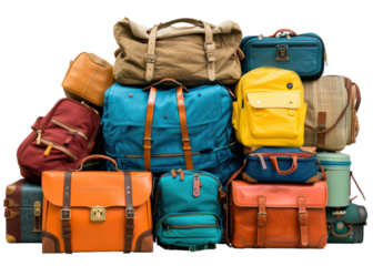 A pile of luggage with a variety of colors and sizes