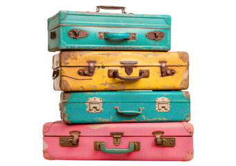 Four suitcases stacked on top of each other, each with a different color