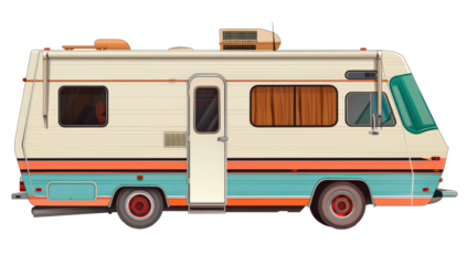 A vintage RV white, orange and green with door and windows.
