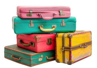 A stack of luggage with a variety of colors including pink, green, yellow