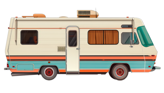 A vintage RV white, orange and green with door and windows.