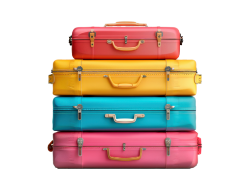 A stack of colorful suitcases with yellow and blue on the bottom