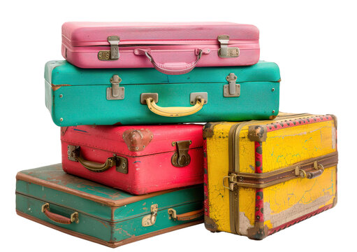 A stack of luggage with a variety of colors including pink, green, yellow
