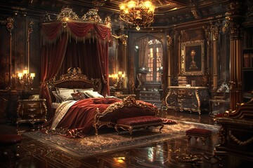 A grand and opulent master bedroom with a four-poster canopy bed, draped in rich, red fabric, illuminated by a chandelier and flickering candelabras
