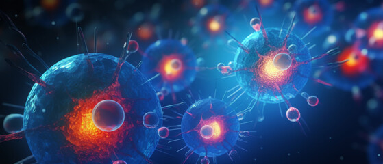 A close up of a bunch of blue and red cells